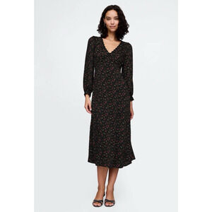 Gap Women Large Dress Empire Midi V-Neck Long Sleeve Floral Black NWT Fairygoth